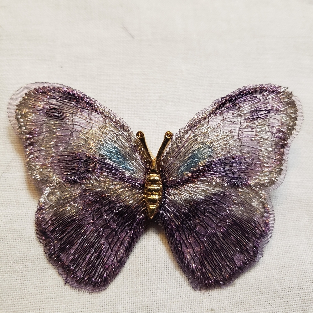 Vintage Elegant Purple Embroidered Butterfly Brooch 1980's Art Nouveau Style